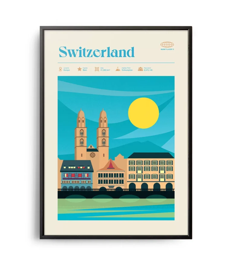 Mid-century modern Switzerland retro travel poster