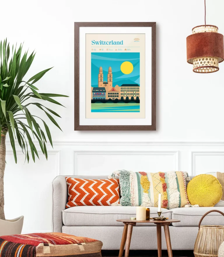 Mid-century modern Switzerland retro travel poster