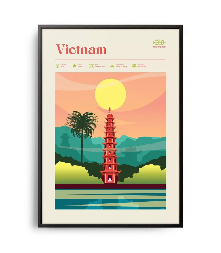 Mid-century modern Vietnam retro travel poster