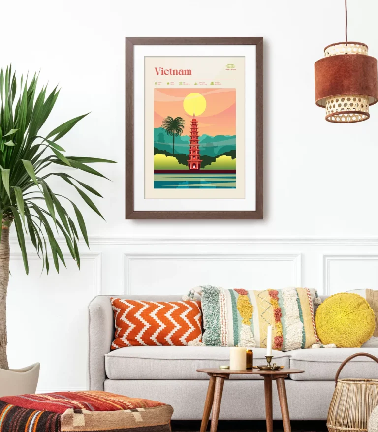 Mid-century modern Vietnam retro travel poster