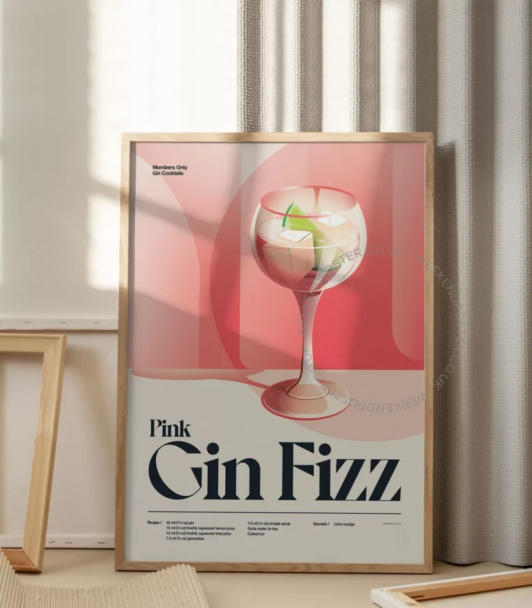 Mid-century retro Pink Gin Fizz Cocktail poster