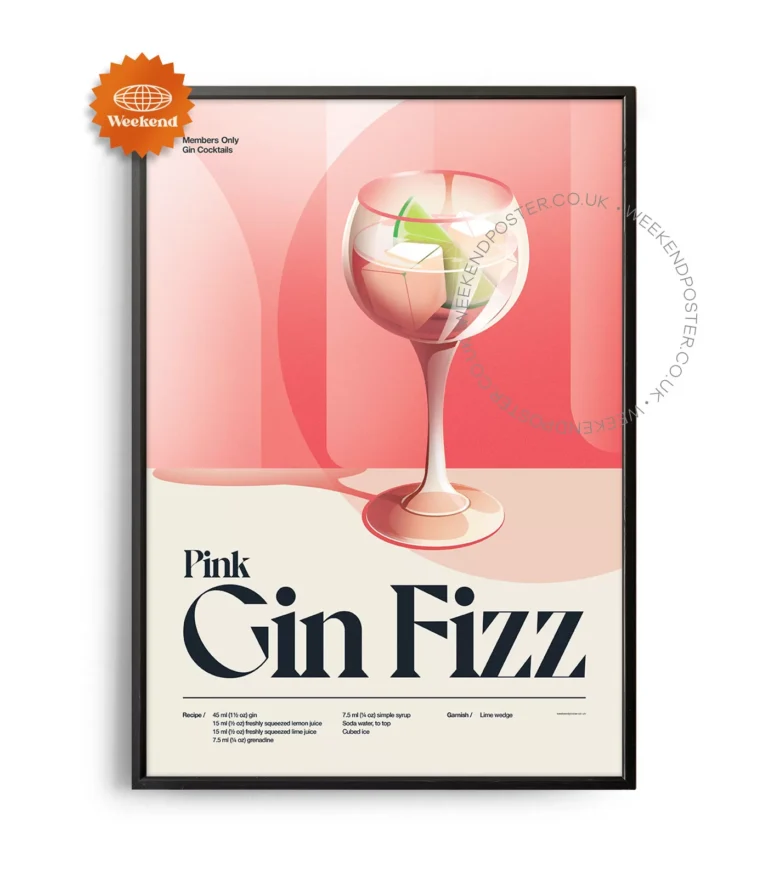 Mid-century retro Pink Gin Fizz Cocktail poster