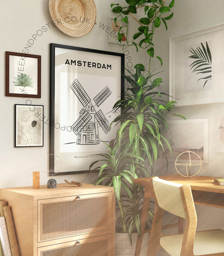 Amsterdam Windmill minimal black and white poster