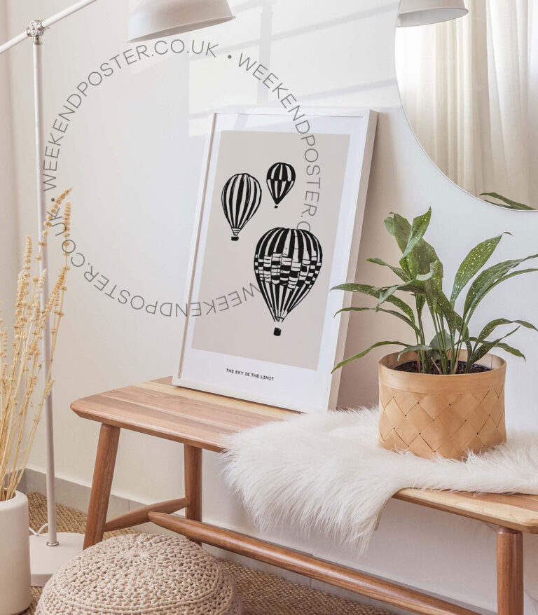 Boho Balloon minimal black and white poster