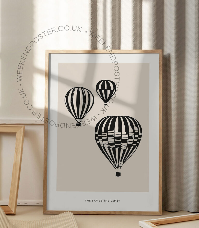 Boho Balloon minimal black and white poster