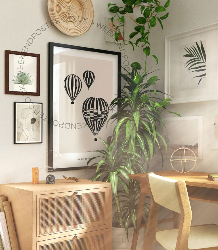 Boho Balloon minimal black and white poster