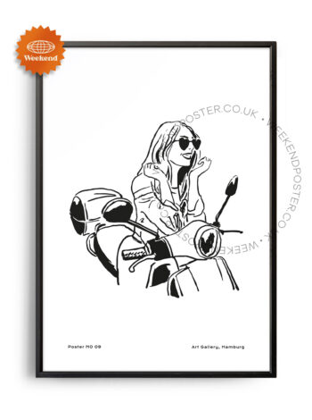 Boho Girl on A Motorbike minimal black and white poster