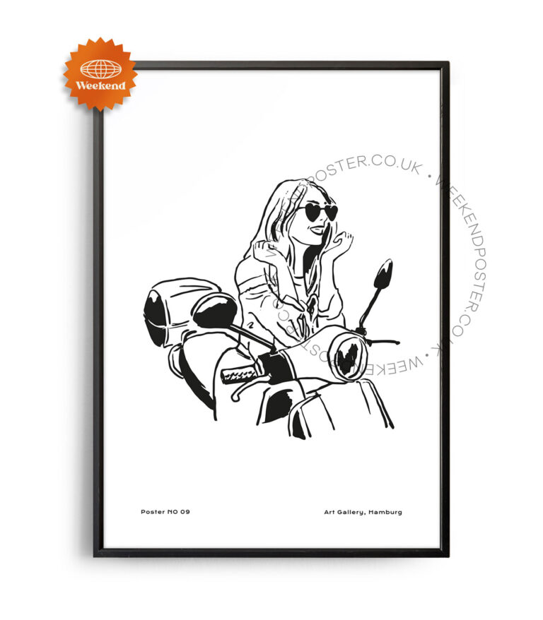 Boho Girl on A Motorbike minimal black and white poster