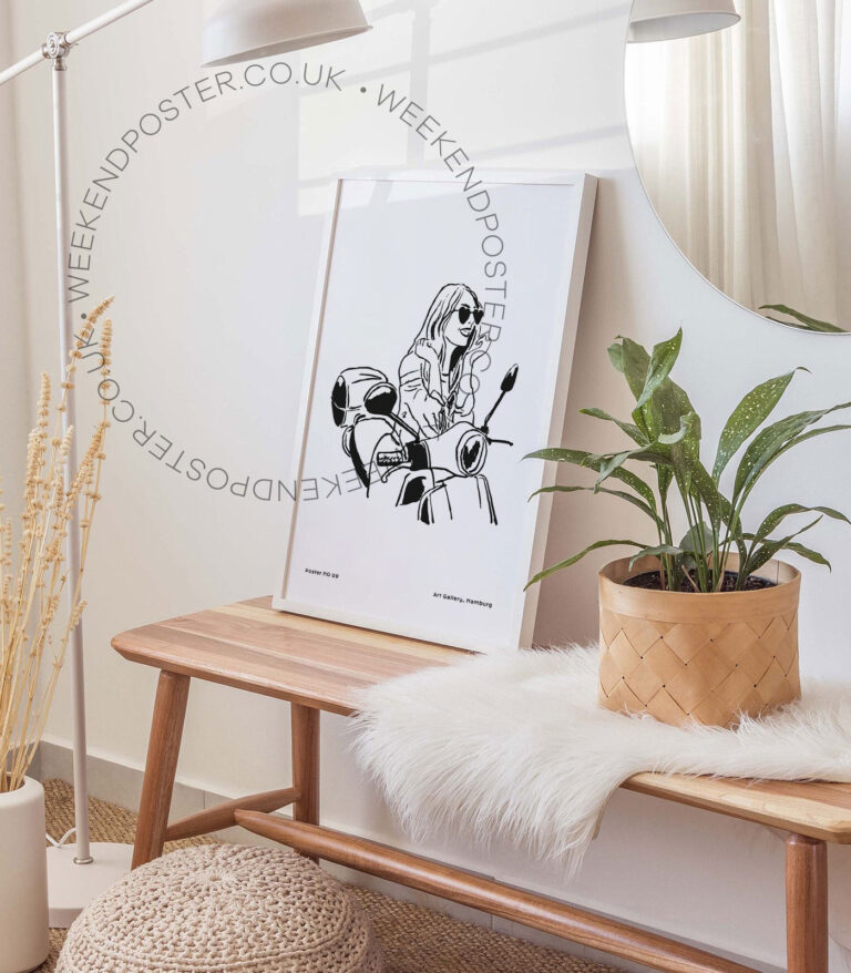 Boho Girl on A Motorbike minimal black and white poster