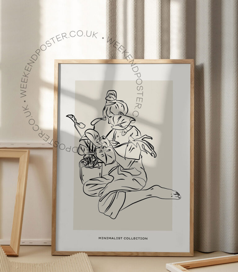 Woman With Plant minimal black and white poster