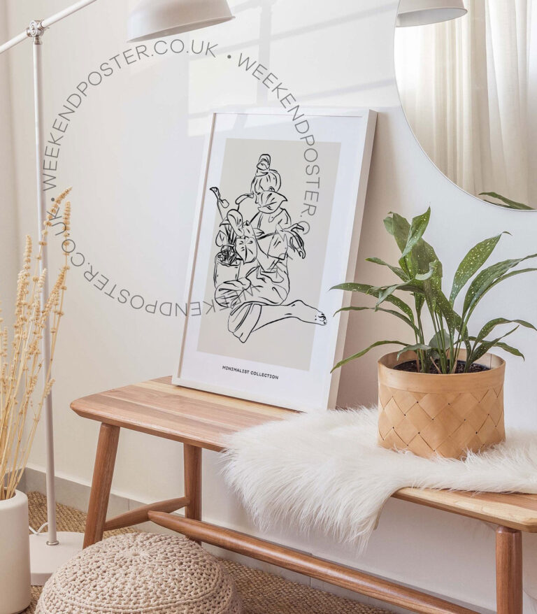 Woman With Plant minimal black and white poster