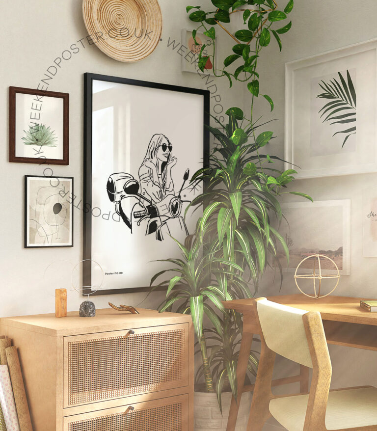 Boho Girl on A Motorbike minimal black and white poster