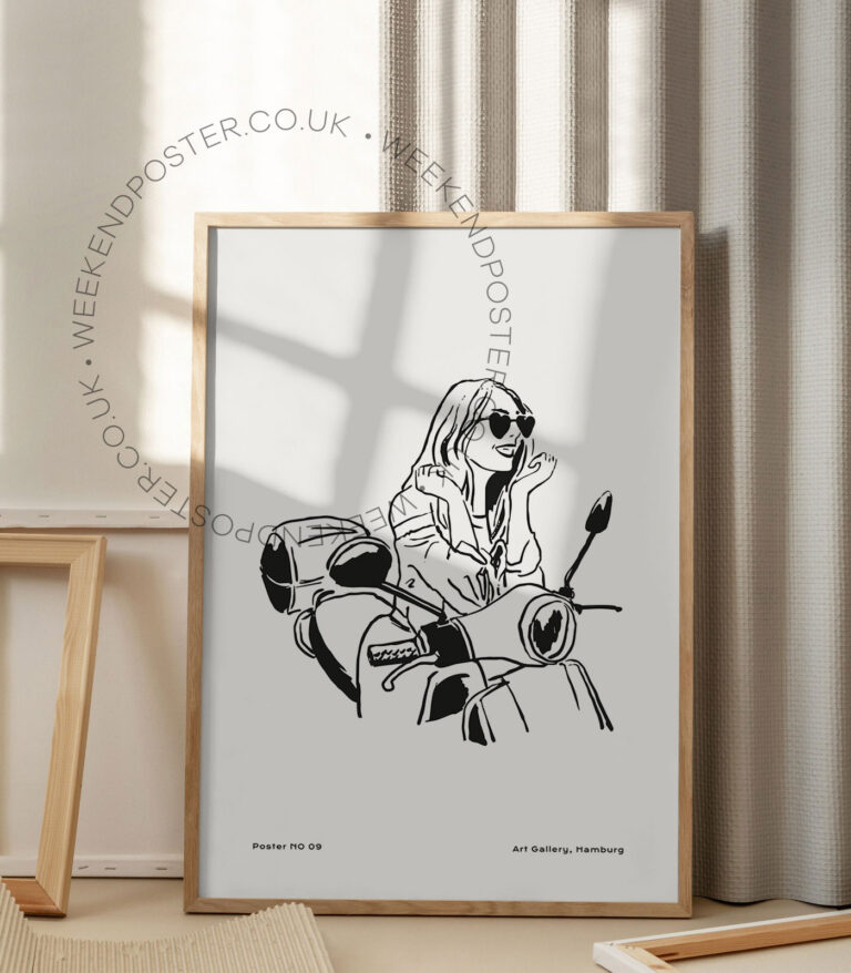 Boho Girl on A Motorbike minimal black and white poster