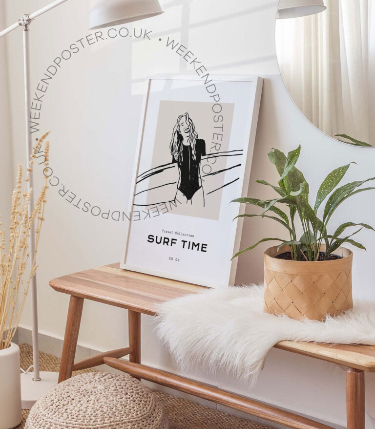 Surf Time minimal black and white poster