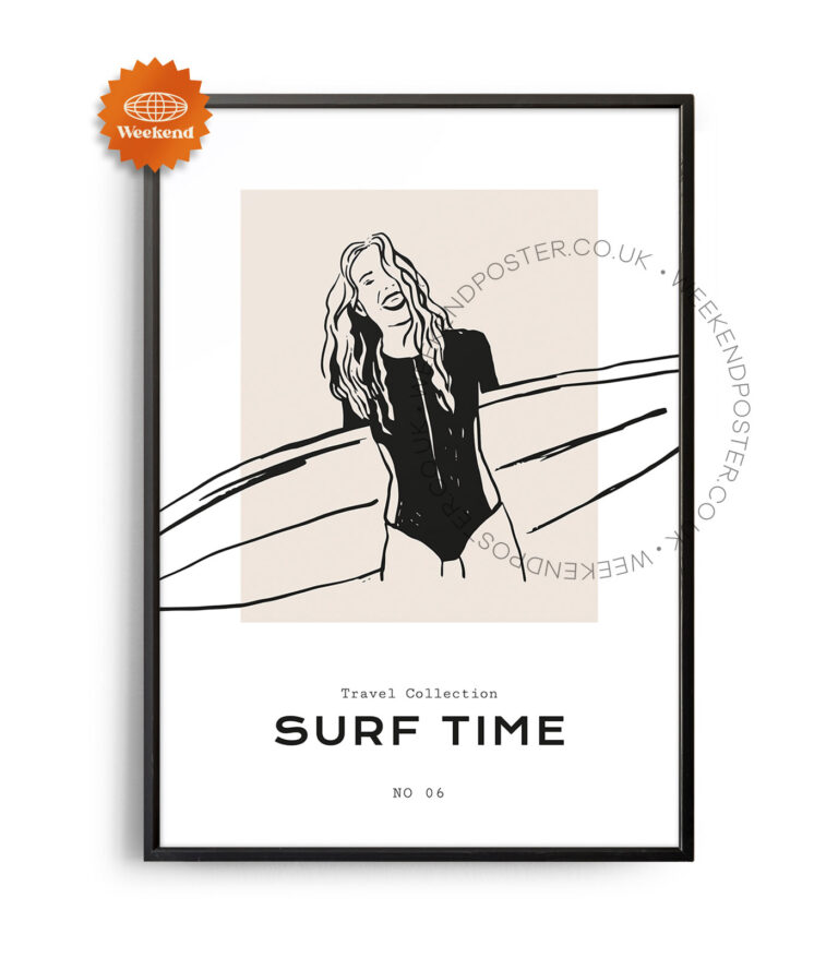 Surf Time minimal black and white poster