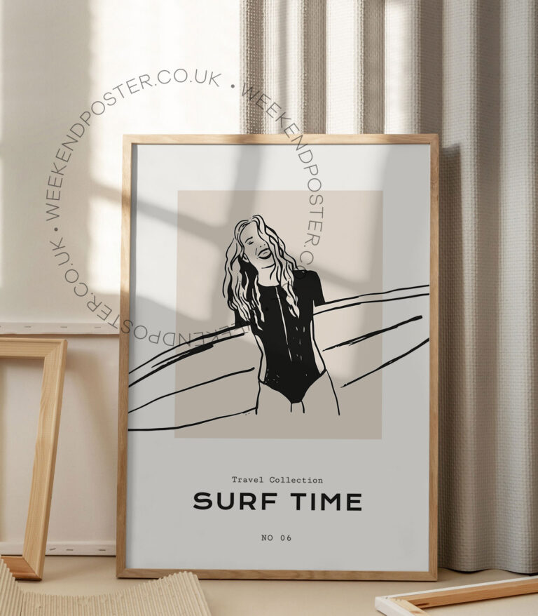 Surf Time minimal black and white poster