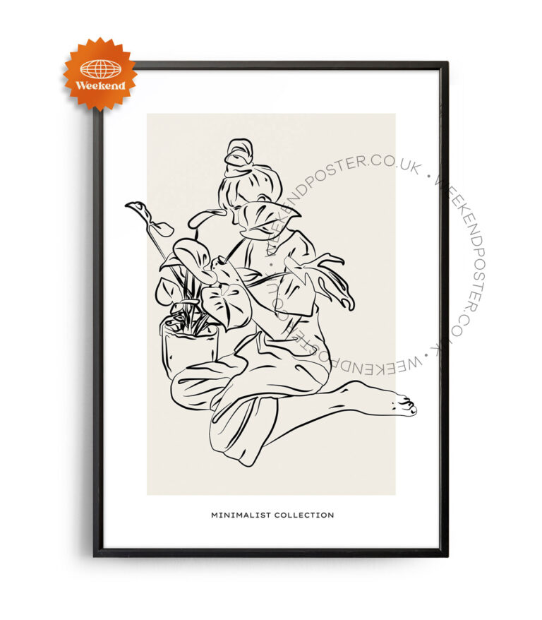 Woman With Plant minimal black and white poster