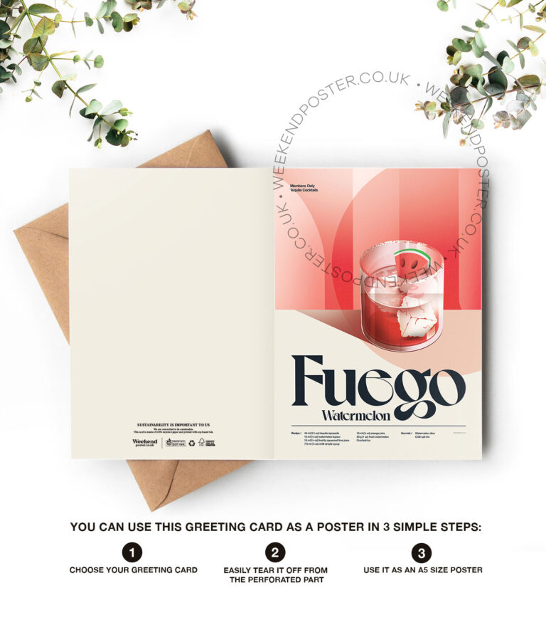 Mid-century retro Fuego Watermelon Cocktail greeting card