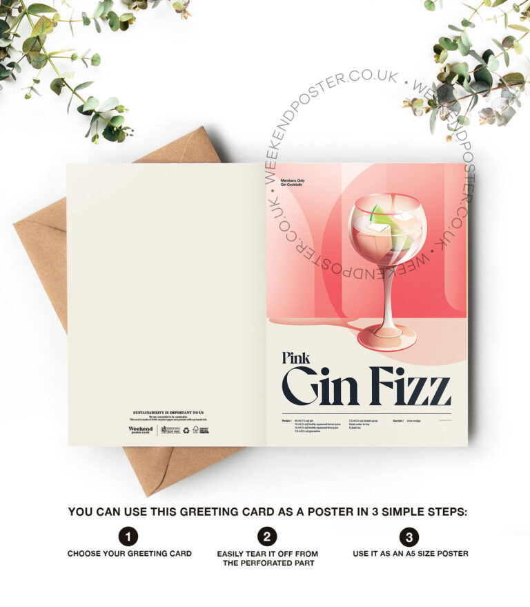 Mid-century retro Pink Gin Fizz Cocktail greeting card