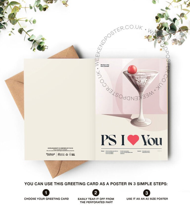 Mid-century retro PS I Love You Cocktail greeting card