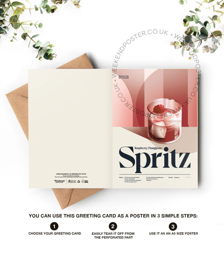 Mid-century retro Raspberry Frangipane Spritz Cocktail greeting card