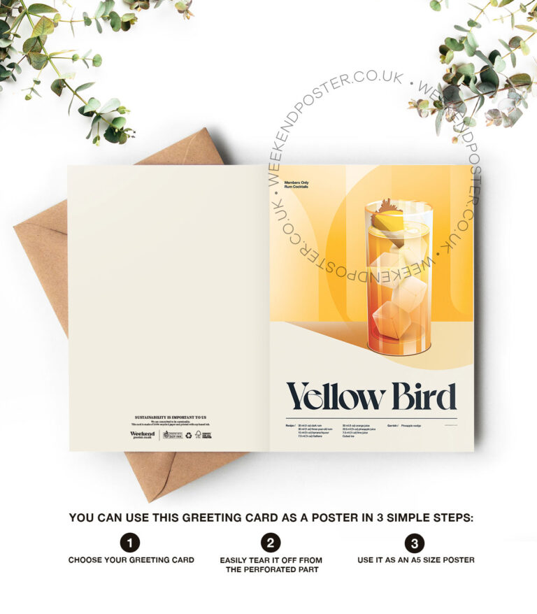 Mid-century retro Yellow Bird Cocktail greeting card