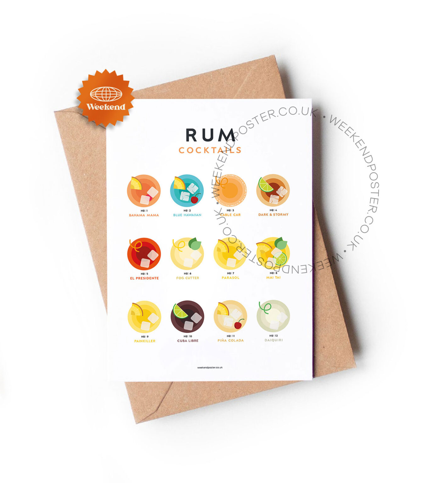 Mid-century modern Rum Cocktails Guide greeting card - Weekend Concept
