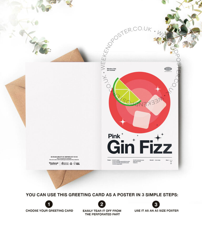 Mid-century modern Pink Gin Fizz Cocktail greeting card