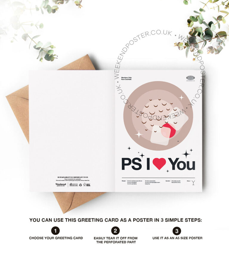 Mid-century modern PS I Love You Cocktail greeting card