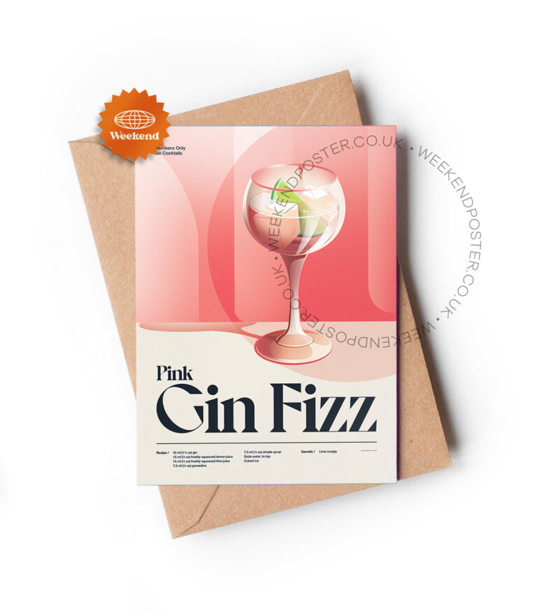 Mid-century retro Pink Gin Fizz Cocktail greeting card