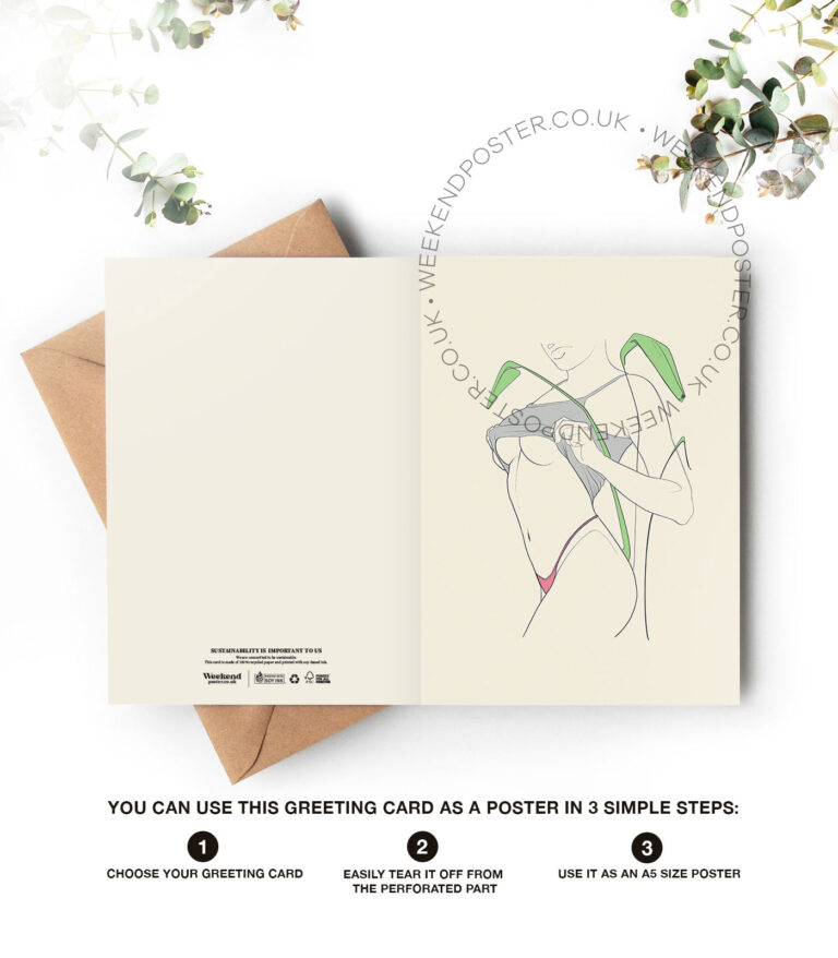 Sexy Woman With Green Leaves line art greeting card