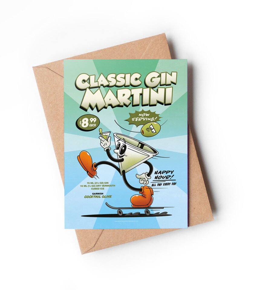 Classic Gin Martini groovy cocktail greeting card