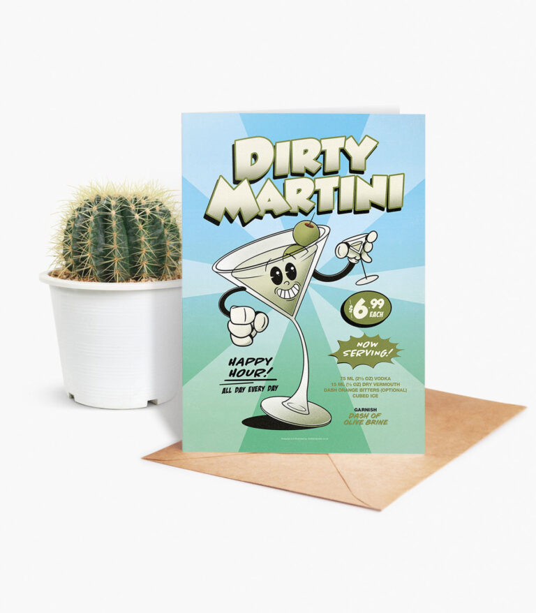 Dirty Martini groovy cocktail greeting card