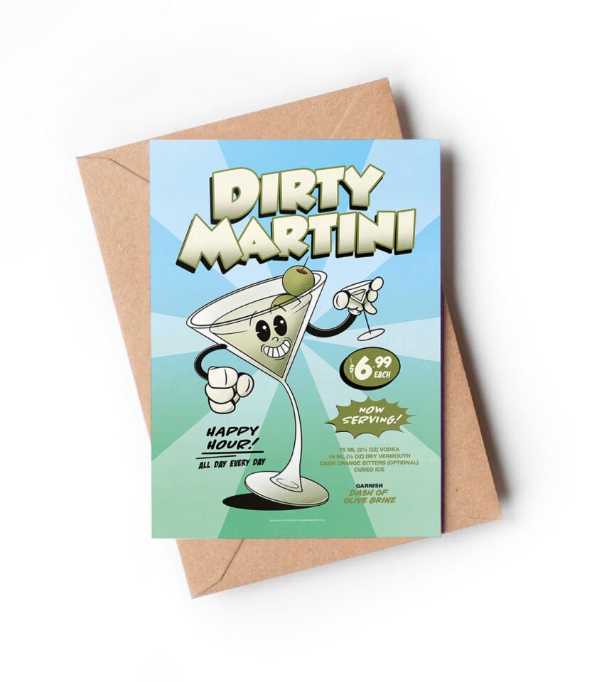 Dirty Martini groovy cocktail greeting card