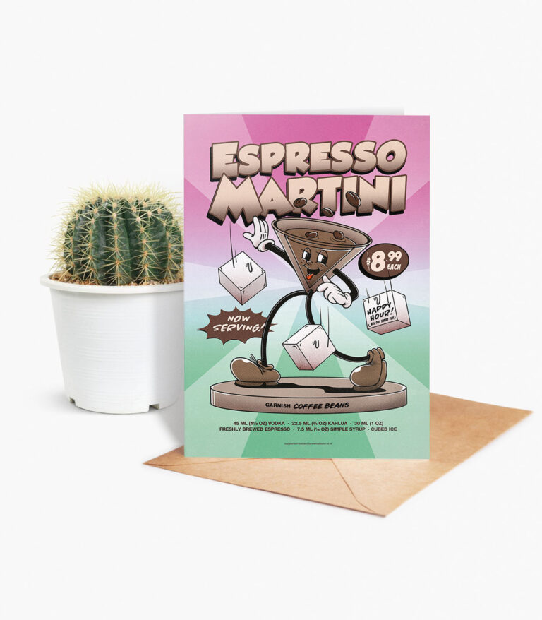 Espresso Martini groovy cocktail greeting card