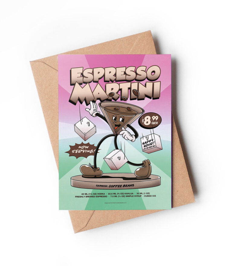 Espresso Martini groovy cocktail greeting card