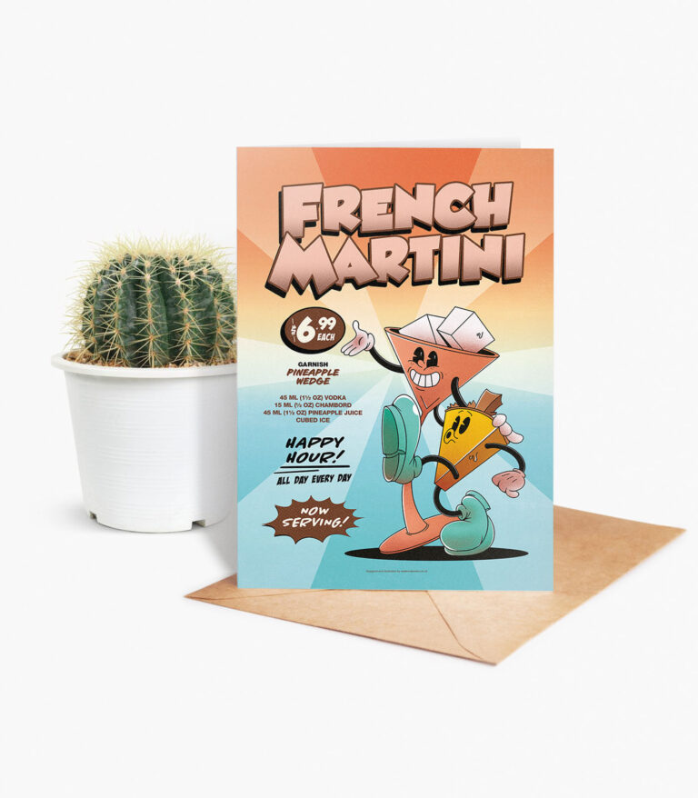 French Martini groovy cocktail greeting card