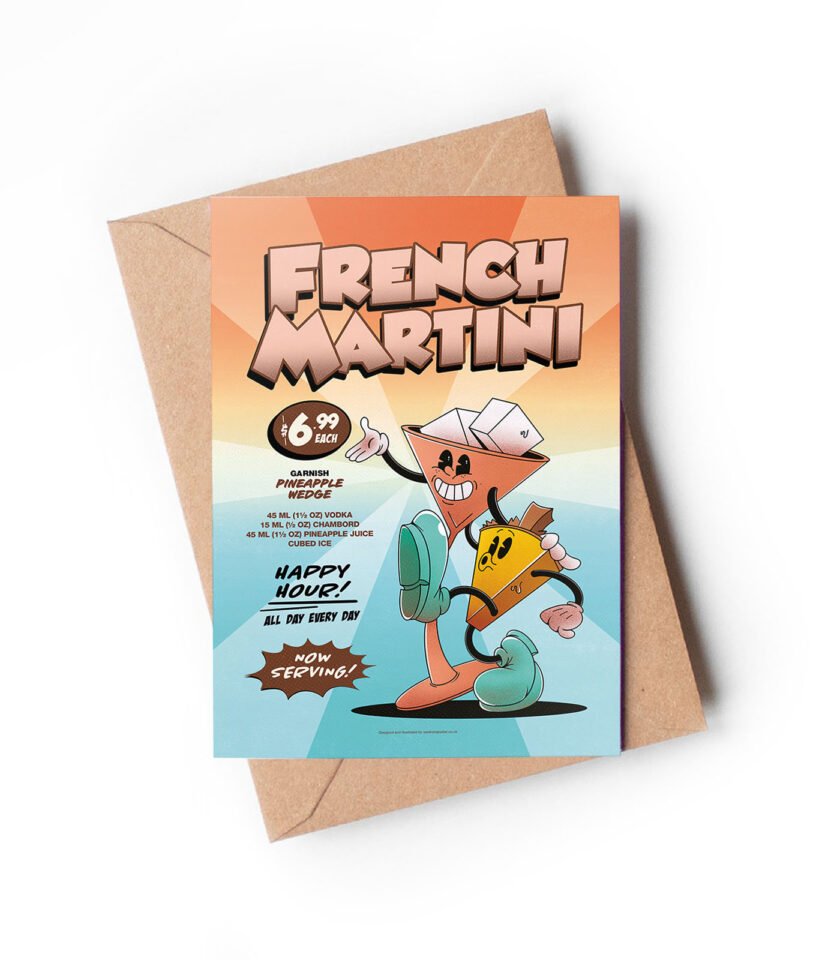 French Martini groovy cocktail greeting card