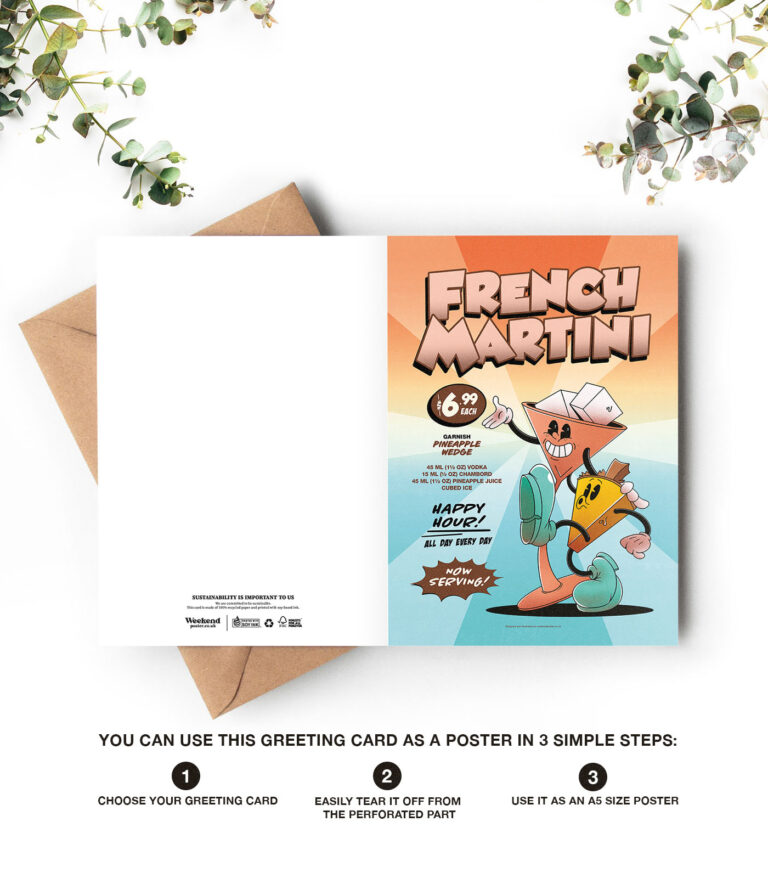 French Martini groovy cocktail greeting card