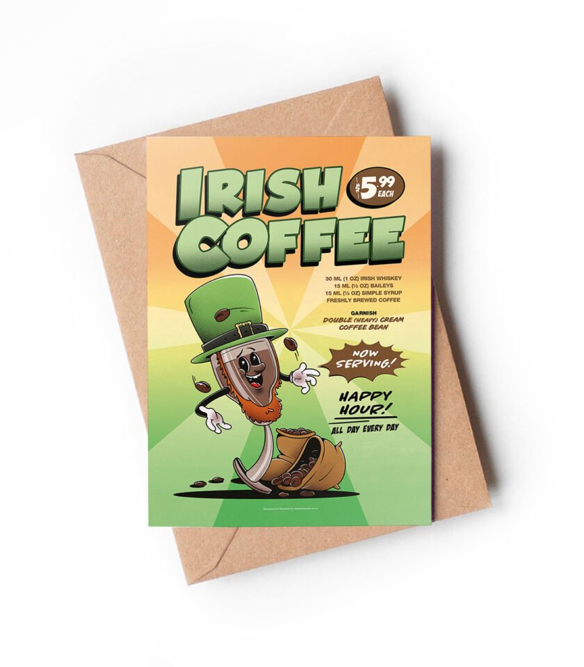 Irish Coffee groovy cocktail greeting card