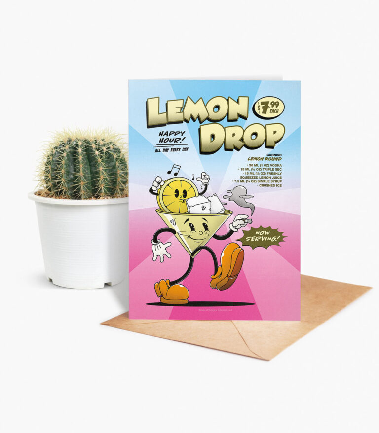 Lemon Drop groovy cocktail greeting card