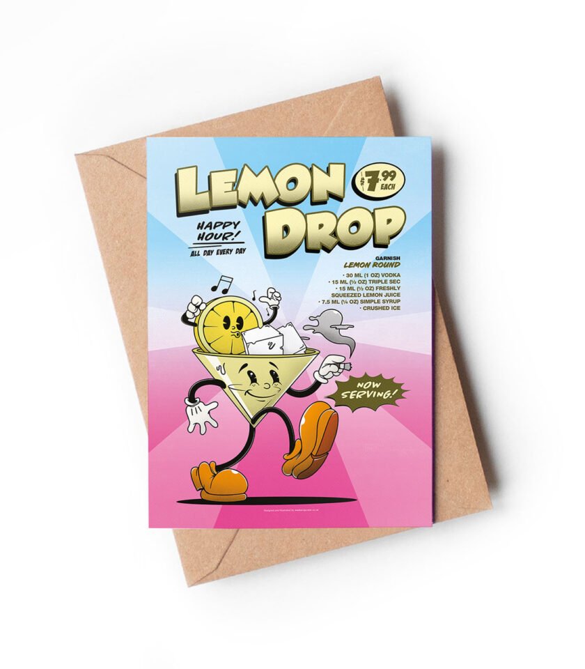 Lemon Drop groovy cocktail greeting card